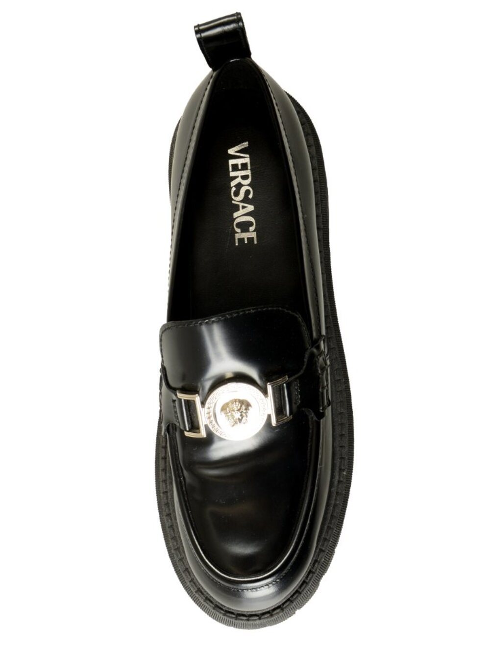 Versace Women's Black 100% Leather Silver Medusa Head Loafers Shoes US 9 IT 39 - Picture 7 of 8